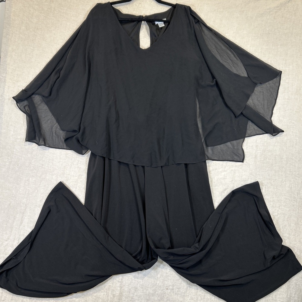 London Times Women Black Formal Jumpsuit Pants Sheer Draped Sleeves2XL